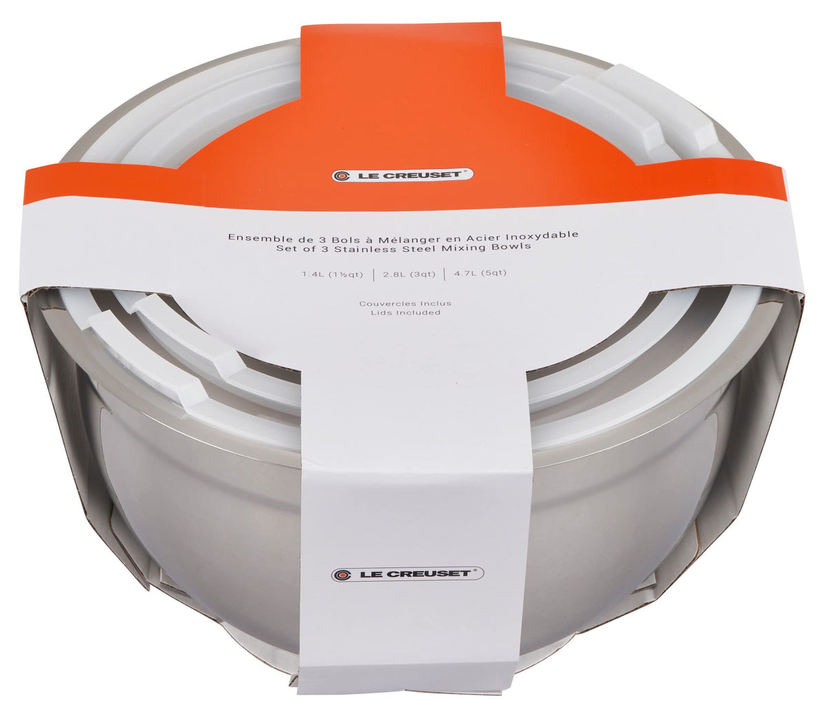 Le Creuset stainless bowls with nesting design save cabinet space.