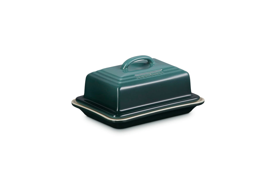 Le Creuset butter dish Artichaut color with lid closed, keeps butter fresh at table.