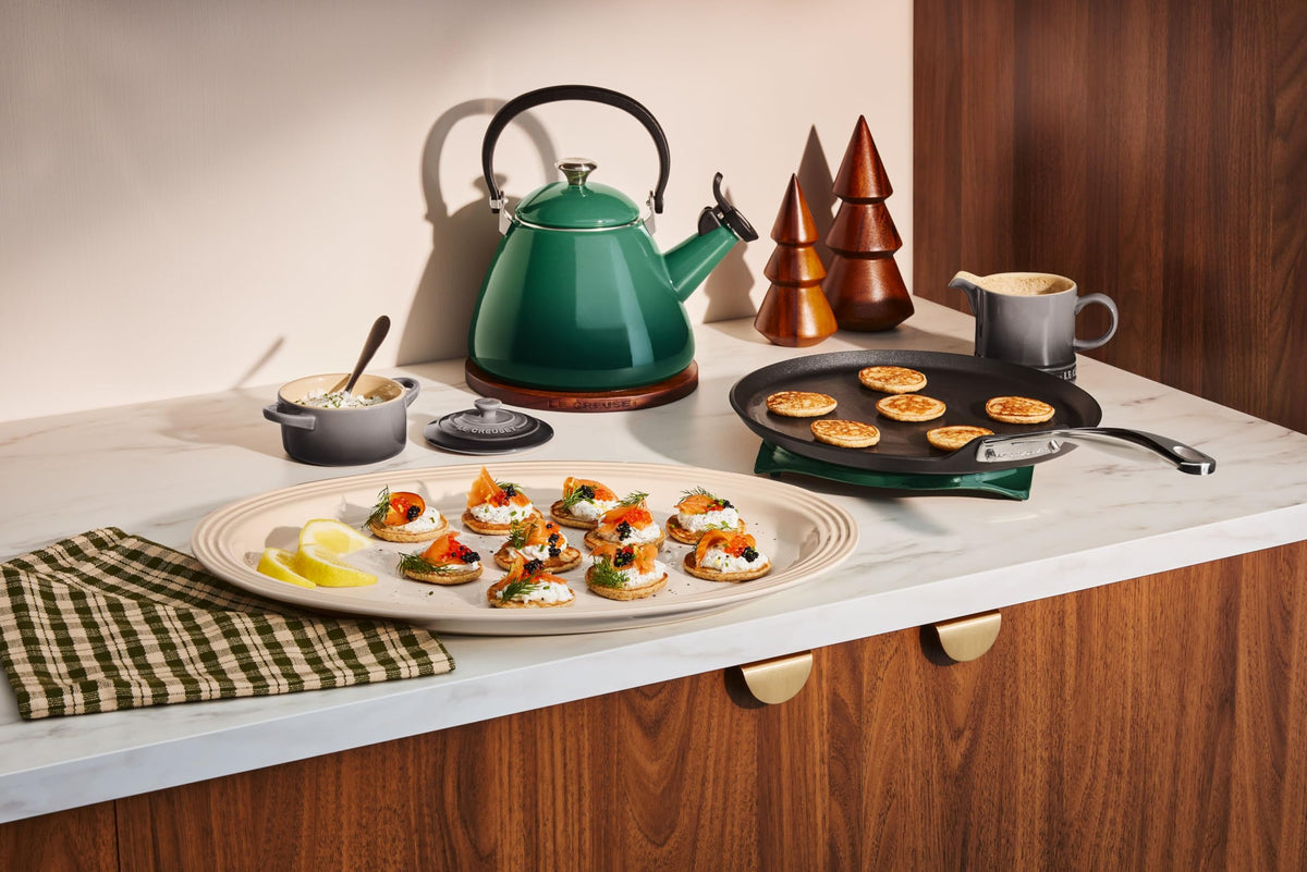 Le Creuset pan browning and searing for flavorful crepes and fillings