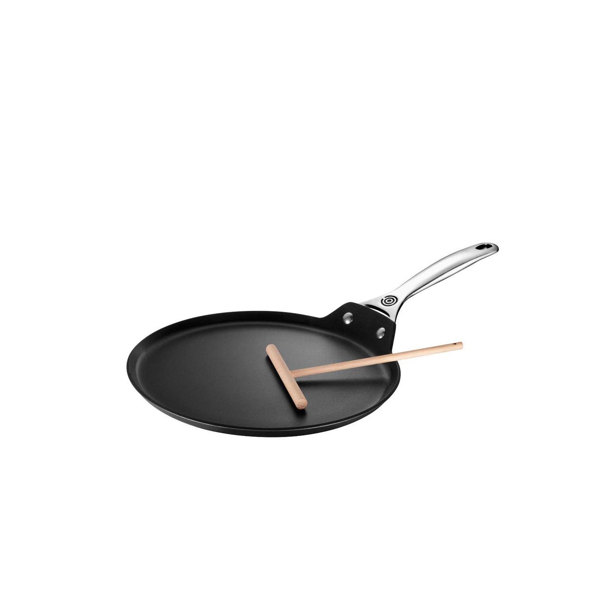 Le Creuset pan with stay-cool ergonomic handle for comfortable flipping