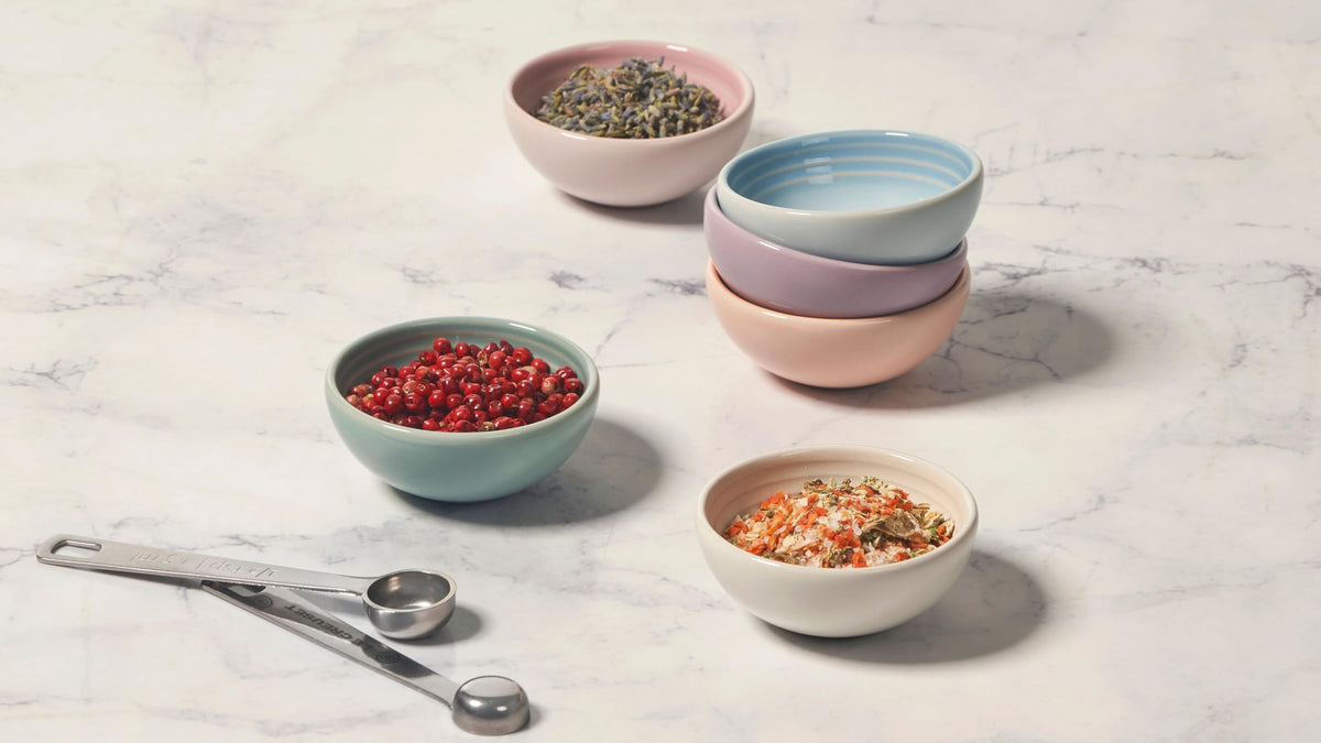 Le Creuset Vancouver pinch bowls with pastel multi glaze ideal for condiments and dips.