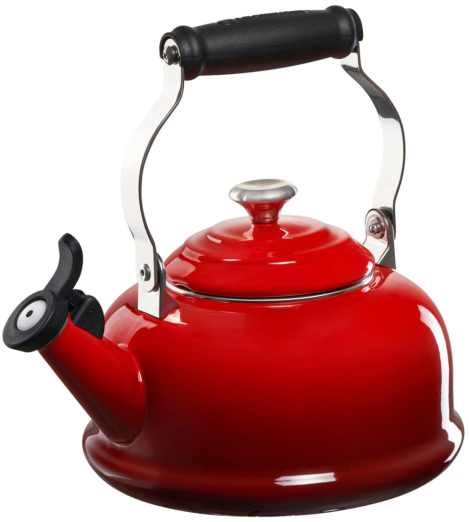 Le Creuset whistling kettle cerise body heats water quickly for tea