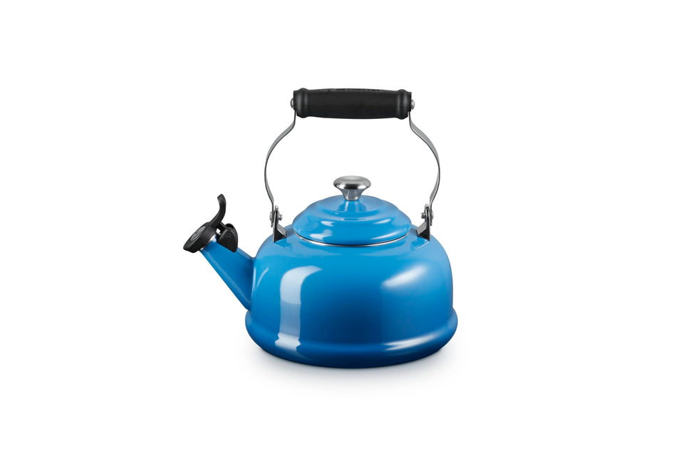 Le Creuset Marseille 1.7 qt whistling kettle full view for quick tea prep.