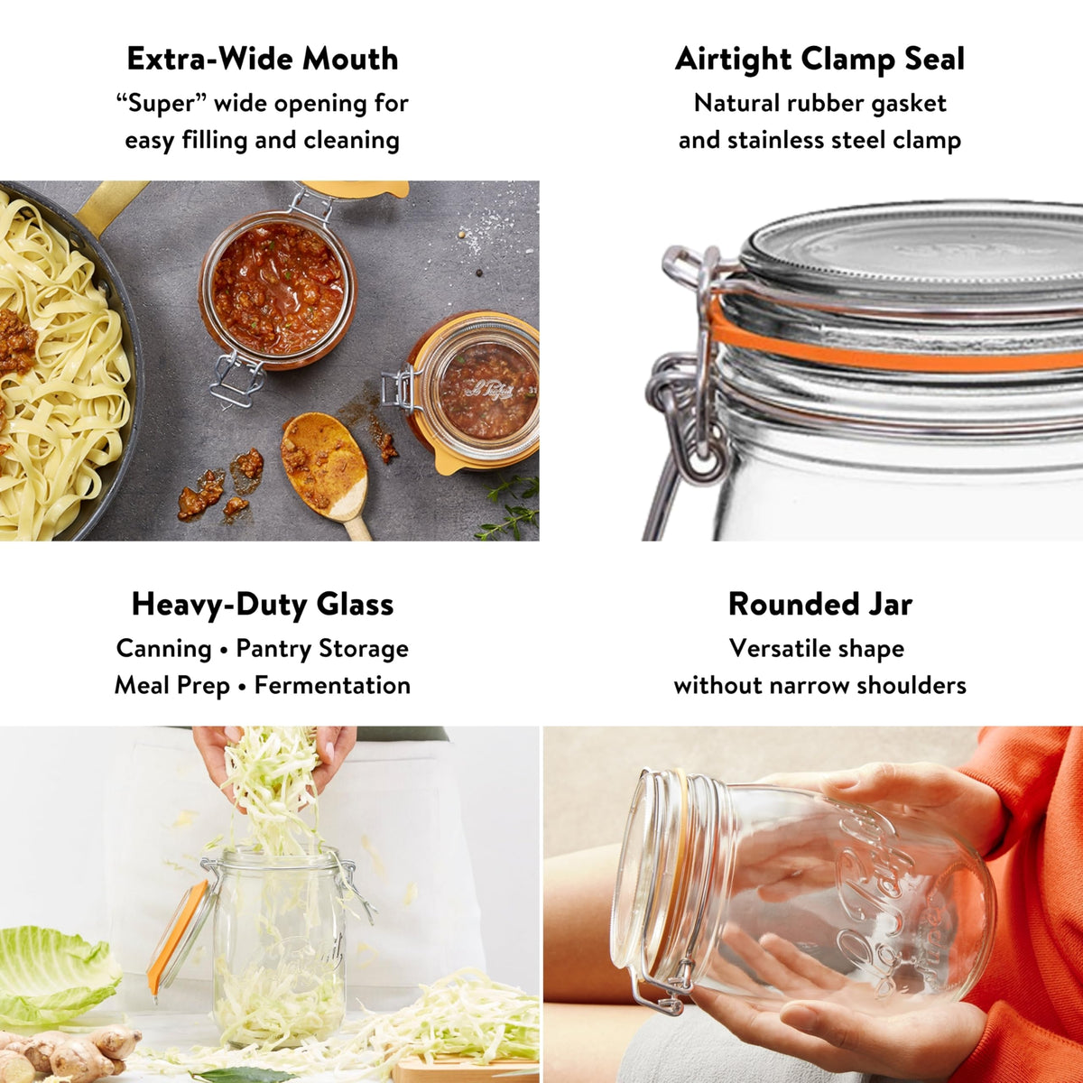 Le Parfait Super Jar 2L in French soda-lime glass ensures durable, chemical-free storage.