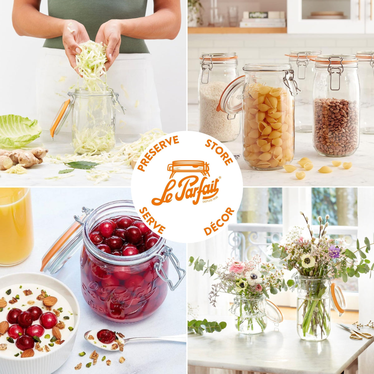 Le Parfait Super Jar 2L tall rounded design saves space on pantry shelves.