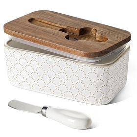 LE TAUCI butter dish Arctic White glaze on countertop keeps butter fresh.