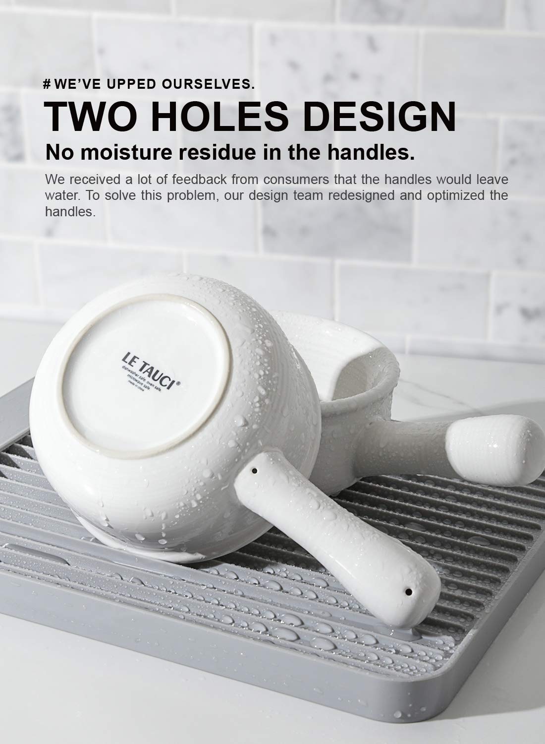 LE TAUCI ceramic soup bowl with handles provides an easy-grip for safe oven-to-table transfer.