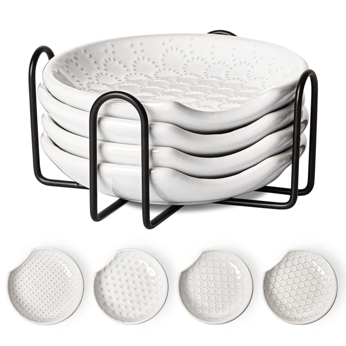 LE TAUCI ceramic spoon rest near the stove-top keeps countertops clean and organized