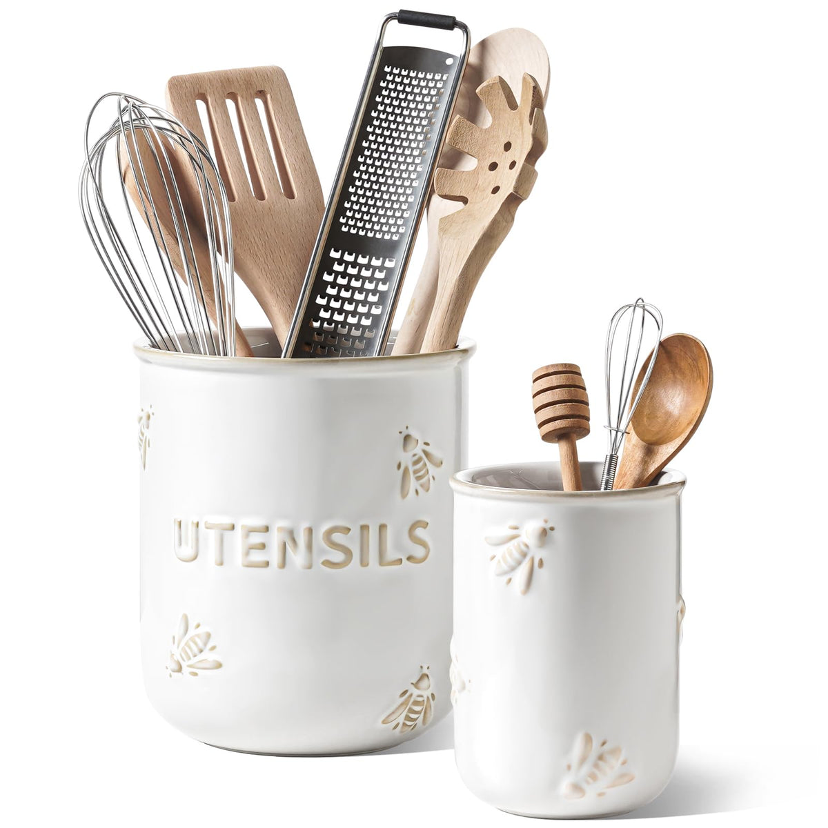 LE TAUCI ceramic utensil holder set on the counter with dual sizes for easy cooking.