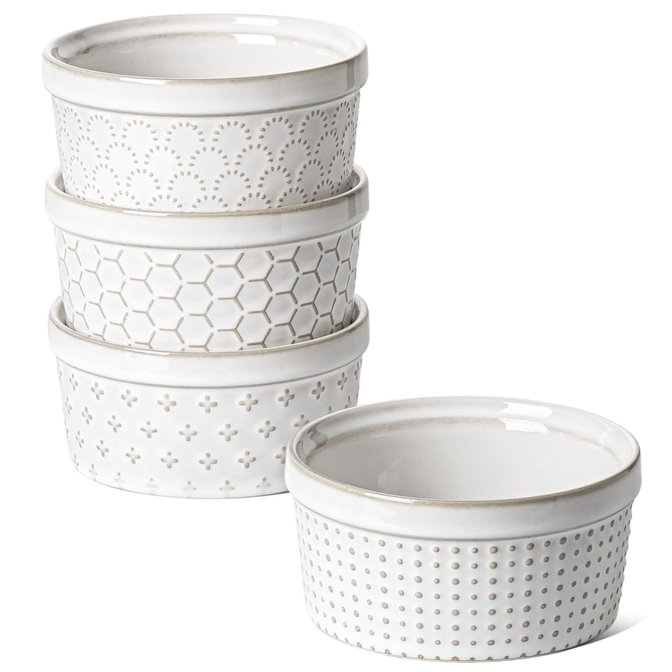 LE TAUCI ramekins embossed white with elegant dessert presentation