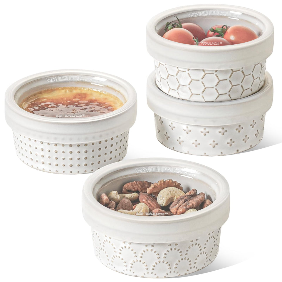 LE TAUCI ramekins with lids in Arctic White for oven-to-table serving.