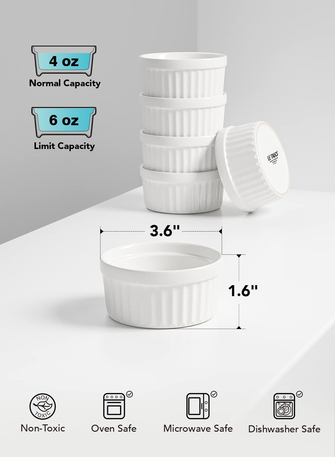 LE TAUCI soufflé ramekins with stackable design for easy storage.