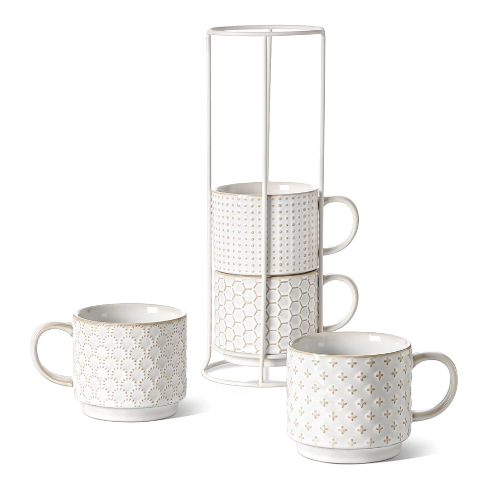 LE TAUCI stackable mugs with Arctic White stand on a tidy table for space-saving storage
