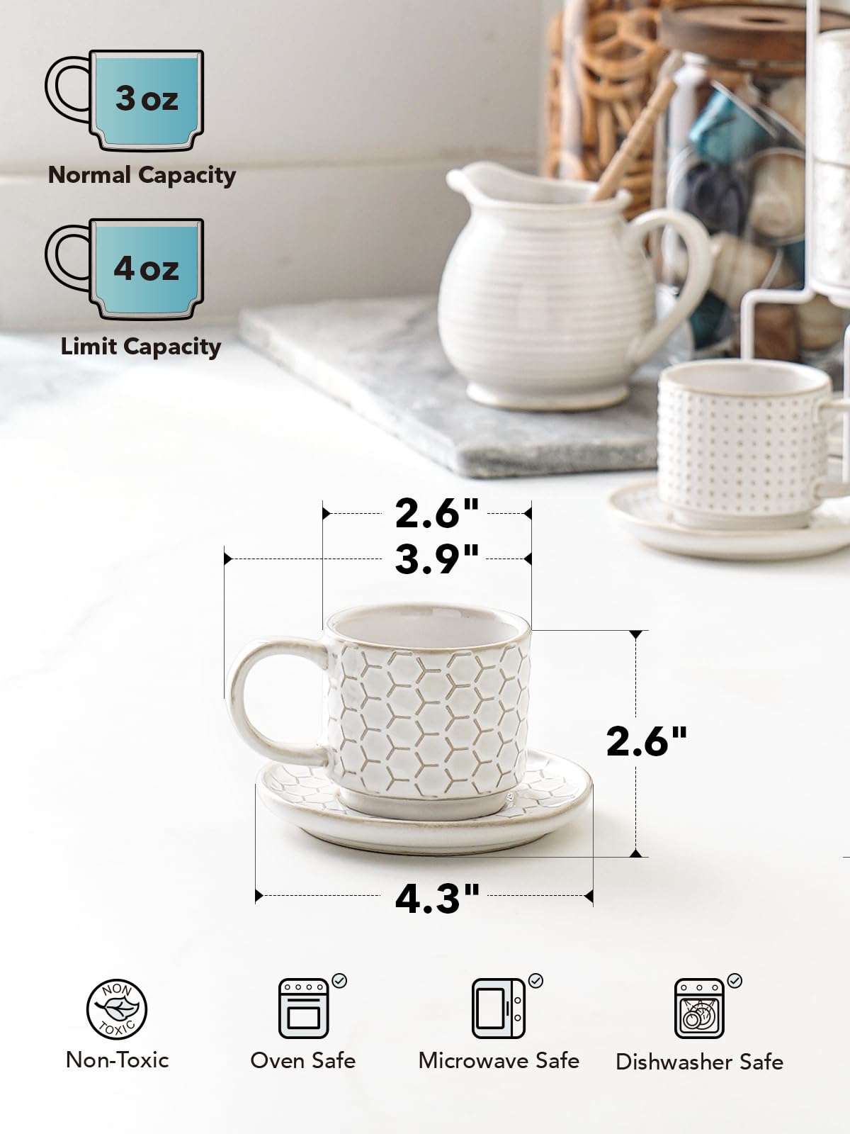 LE TAUCI stackable espresso cups on stand save counter space.