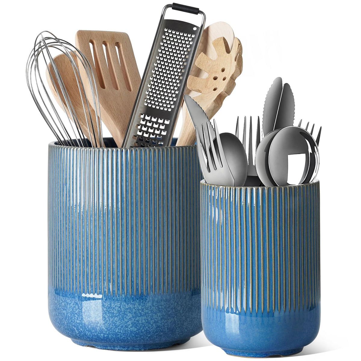 LE TAUCI utensil holder 7.3-inch blue marble front view ideal for easy utensil access