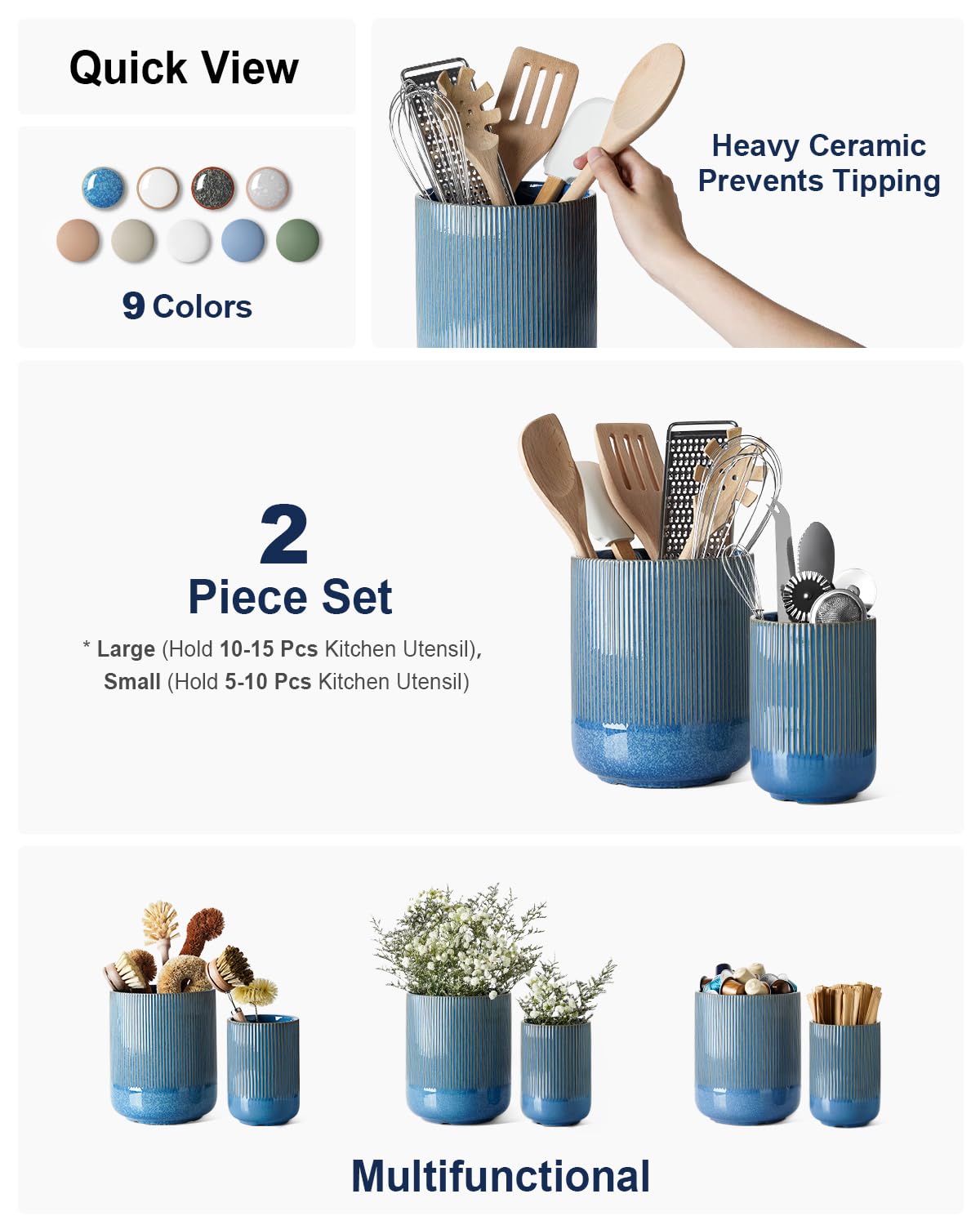 LE TAUCI utensil holder 7.3-inch blue marble side view keeps utensils within easy reach
