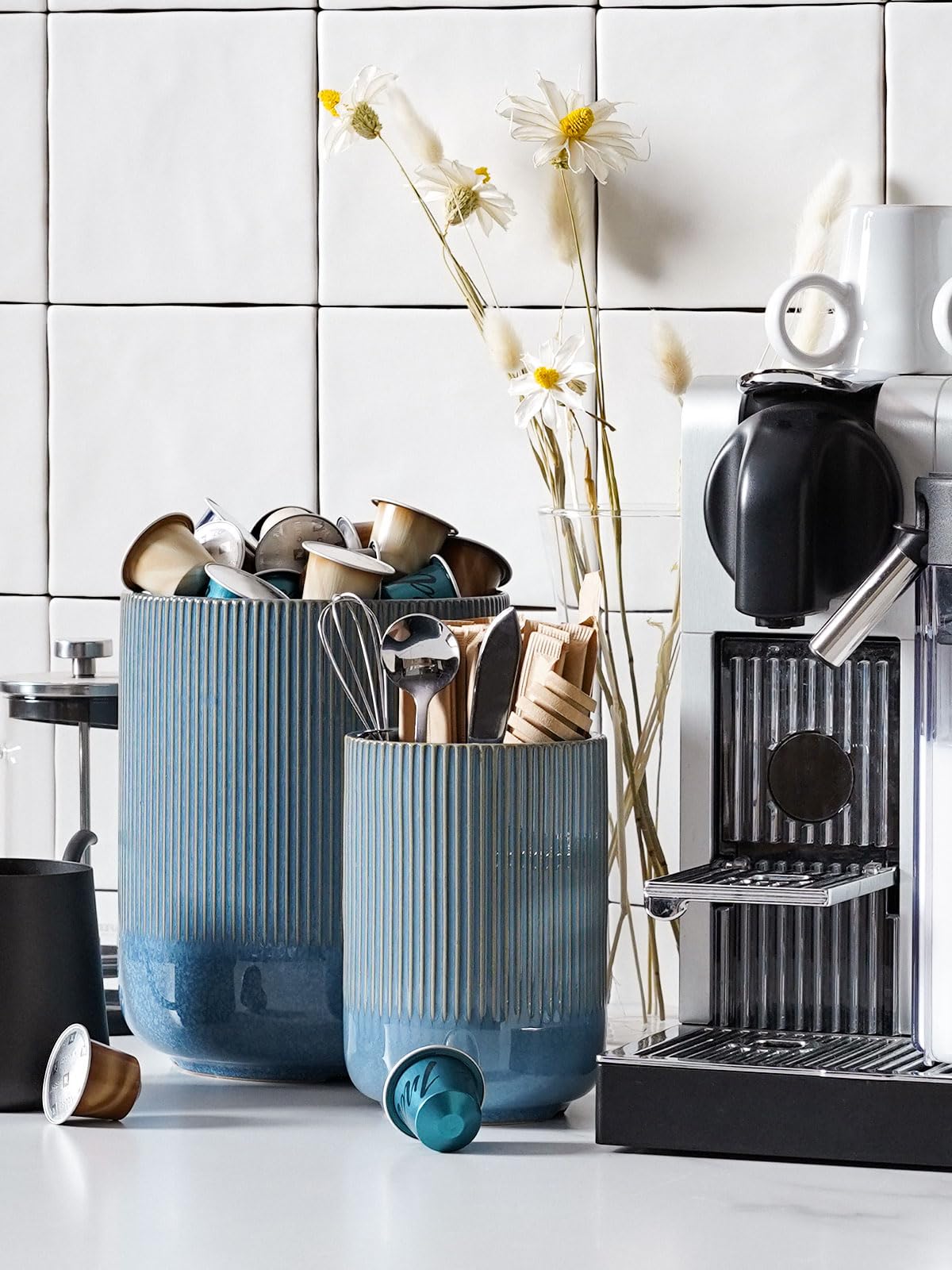 LE TAUCI utensil holder blue marble stacked set demonstrates versatile two-size design