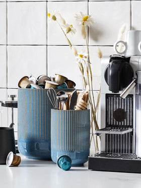 LE TAUCI utensil holder blue marble stacked set demonstrates versatile two-size design