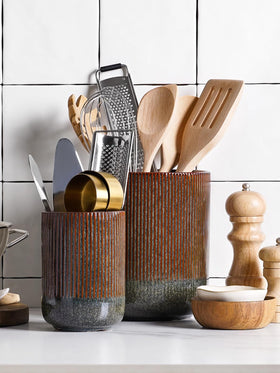 LE TAUCI fluted-olive-brown ceramic design adds warmth while organizing counters