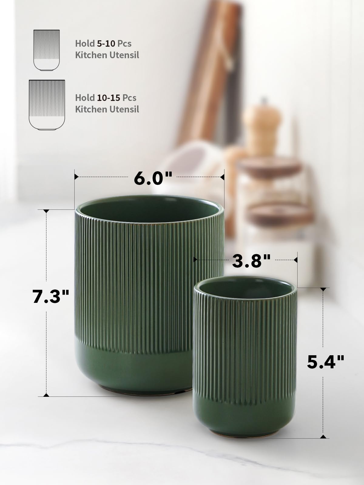 LE TAUCI Forest green color complements wood and neutrals in modern kitchens.