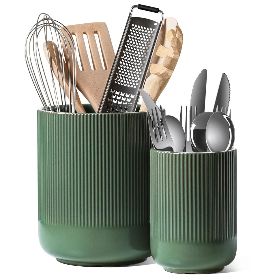 LE TAUCI Utensil Holder large in forest green keeps spatulas organized and within reach.