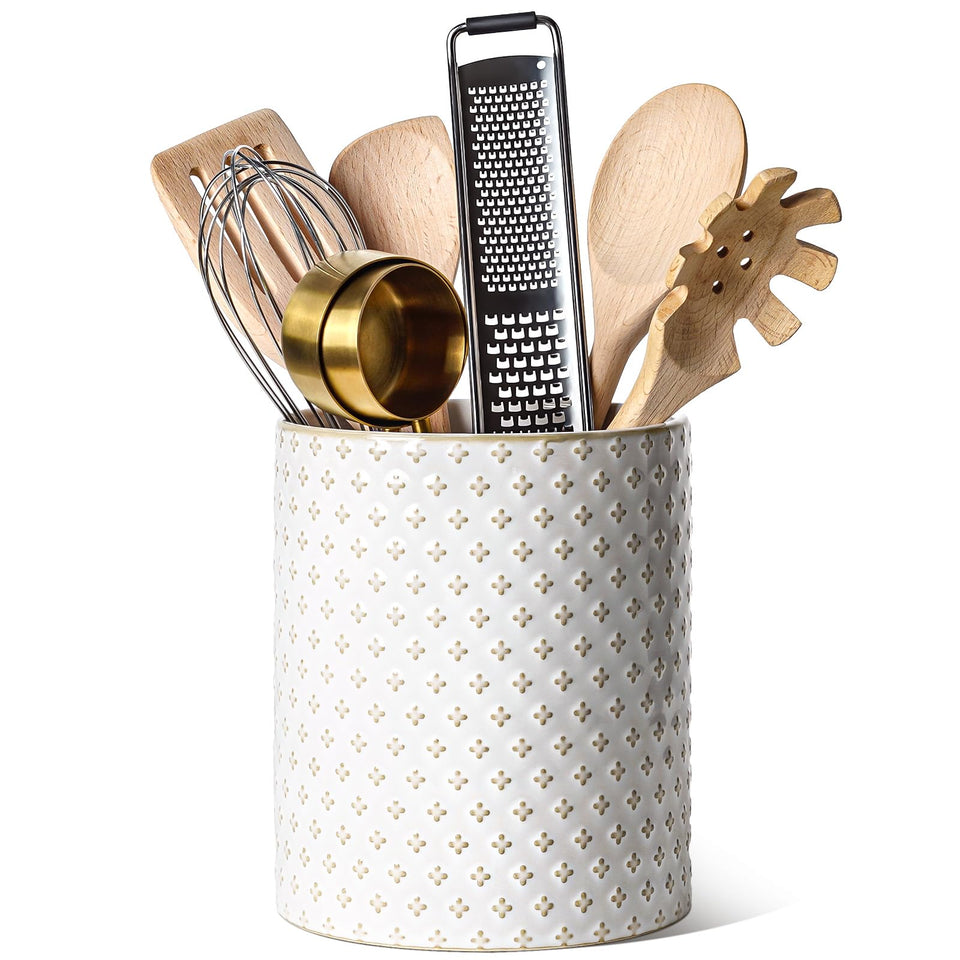 LE TAUCI utensil holder on kitchen counter with large mouth for easy access