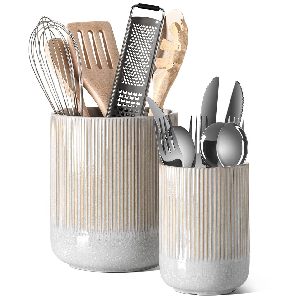LE TAUCI utensil holder set on countertop keeps utensils organized and reachable.
