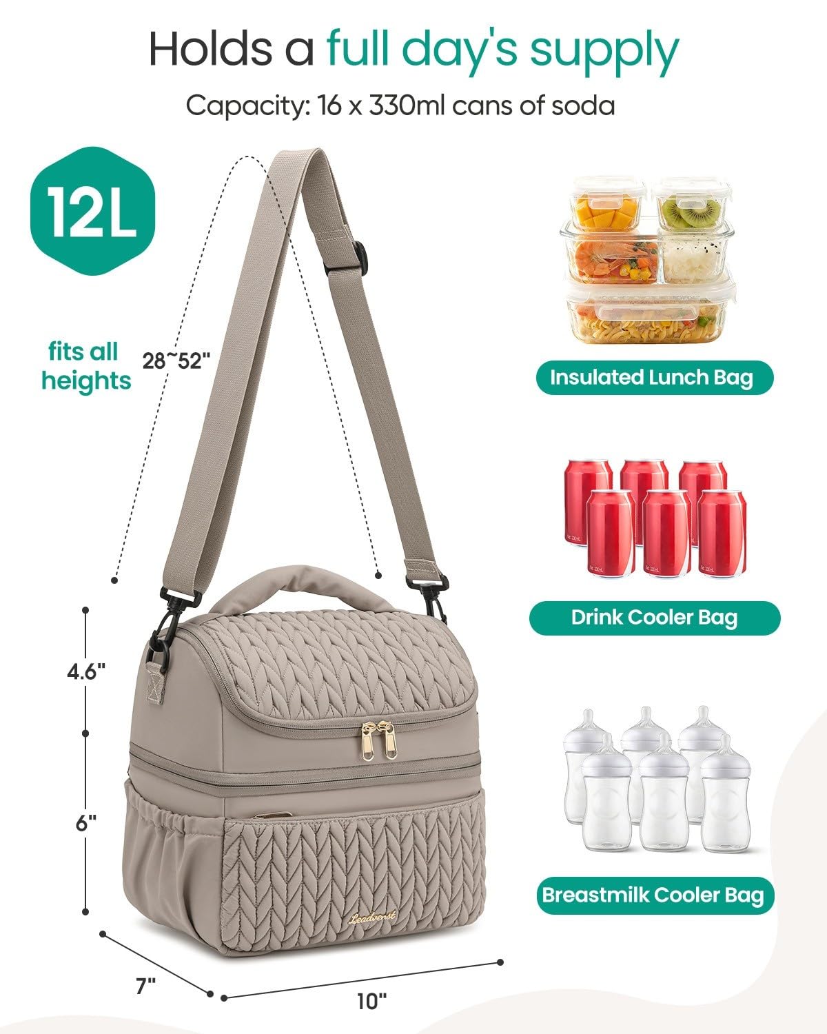 LEADVENST lunch bag detachable-divider design fits tall items easily.