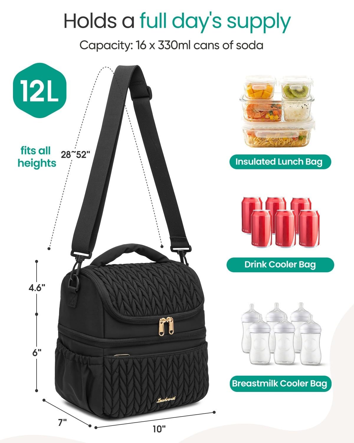 LEADVENST lunch bag detachable divider creates flexible space for tall items.