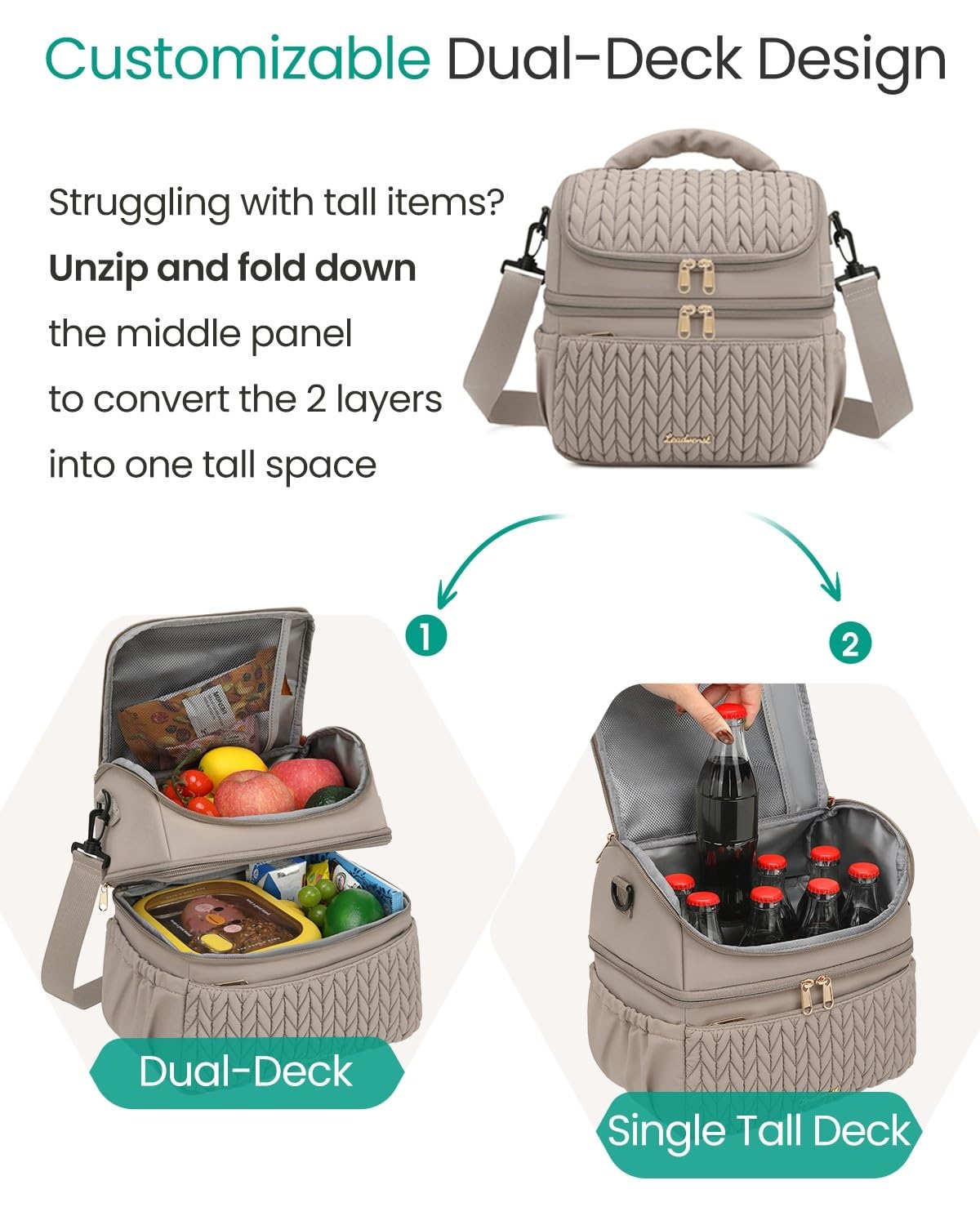 LEADVENST lunch bag tall-items-fit expands space for bottles and boxes.
