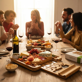 Leaf & Grain bamboo cheese board shown full spread for meats and cheeses