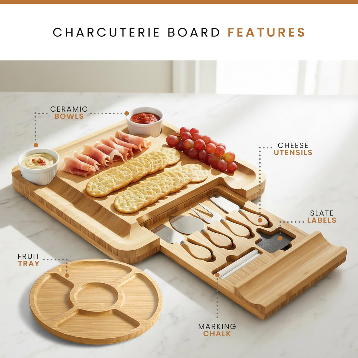Leaf & Grain charcuterie board with labels and ceramic bowls for stylish plating
