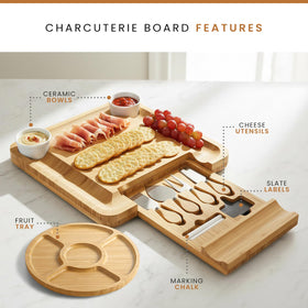 Leaf & Grain charcuterie board with labels and ceramic bowls for stylish plating