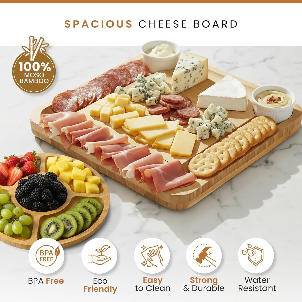 Leaf & Grain charcuterie board with stainless steel knife set for elegant serving