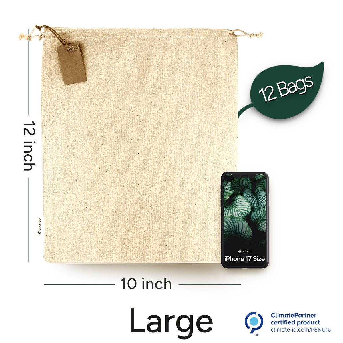LEAFICO cotton produce bags pack12 designed for easy grocery organization and washing.