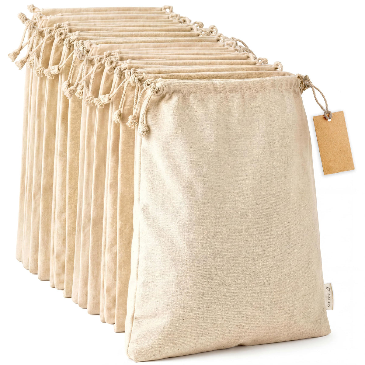 LEAFICO large muslin drawstring bags for reusable produce storage and breathability.