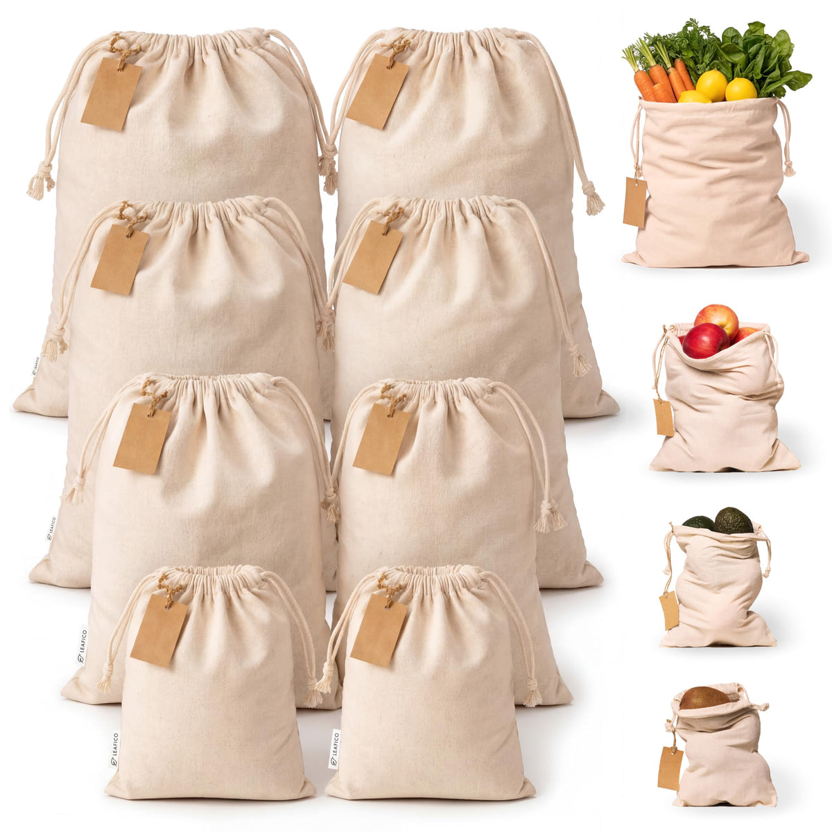 Leafico muslin bags with drawstrings in an eight-pack for organized storage.