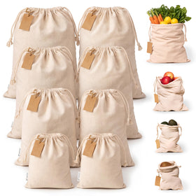 Leafico muslin bags with drawstrings in an eight-pack for organized storage.