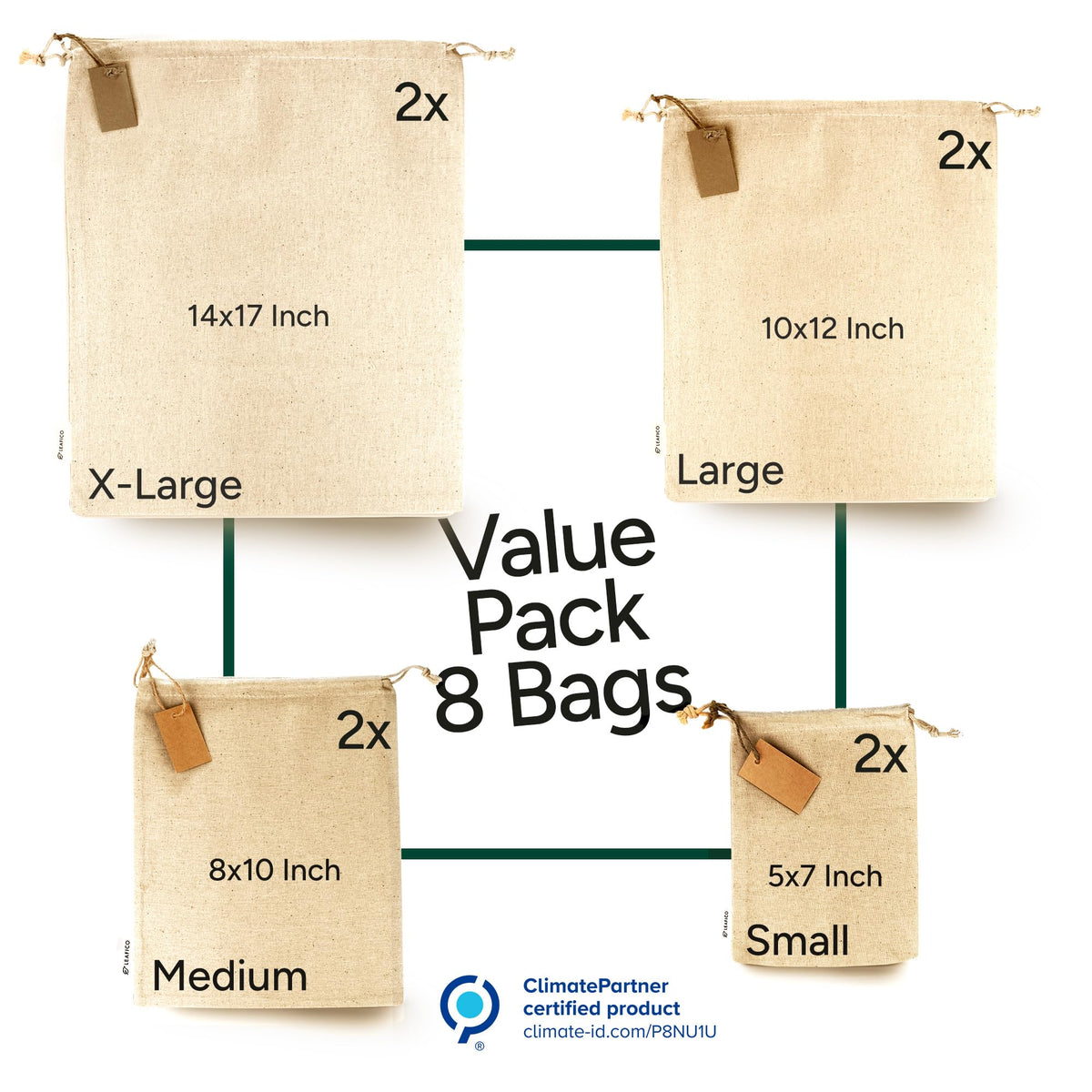 Leafico bags in S to XL sizes for versatile bulk storage.