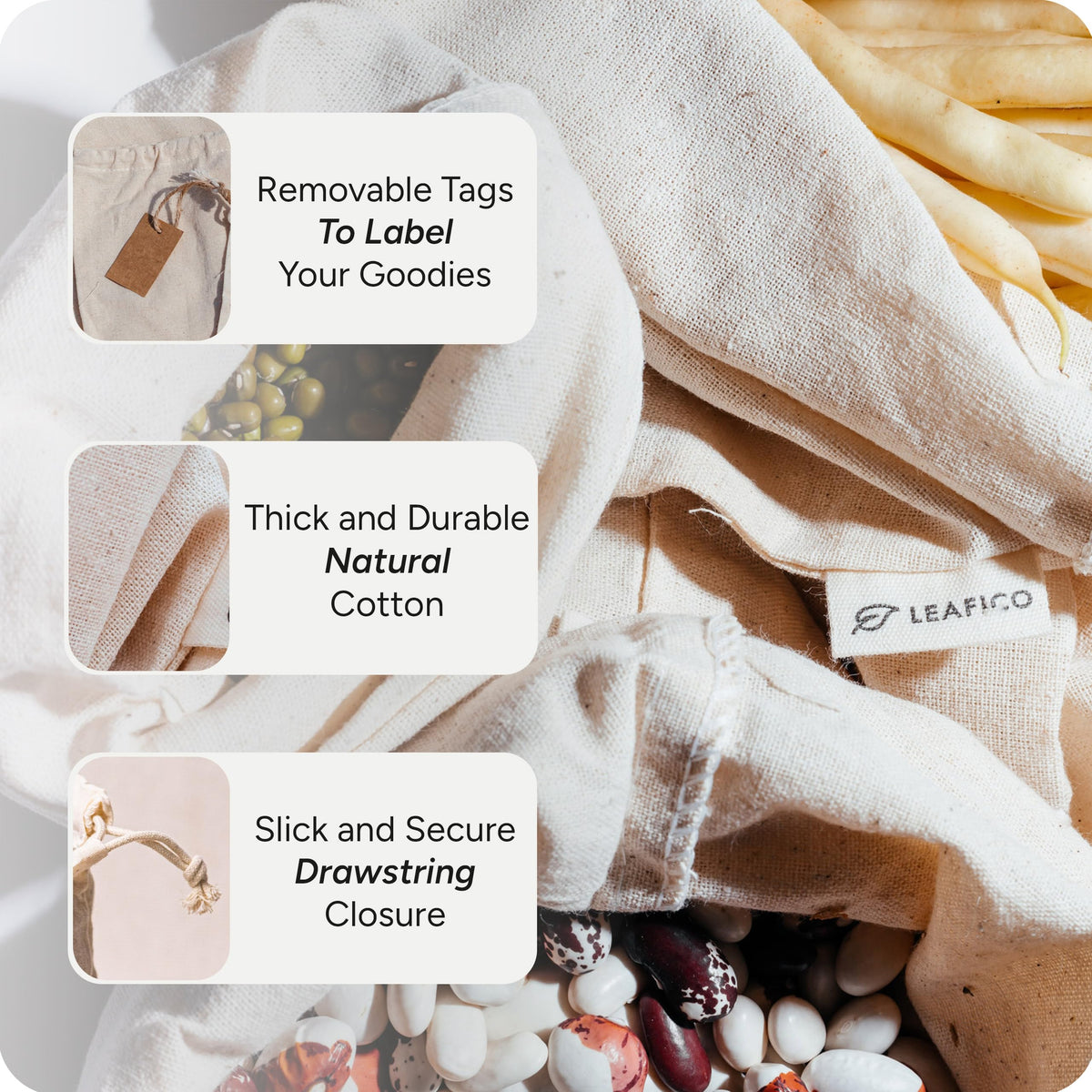 LEAFICO reusable sachets for herbs spices and dry snacks with good air flow.