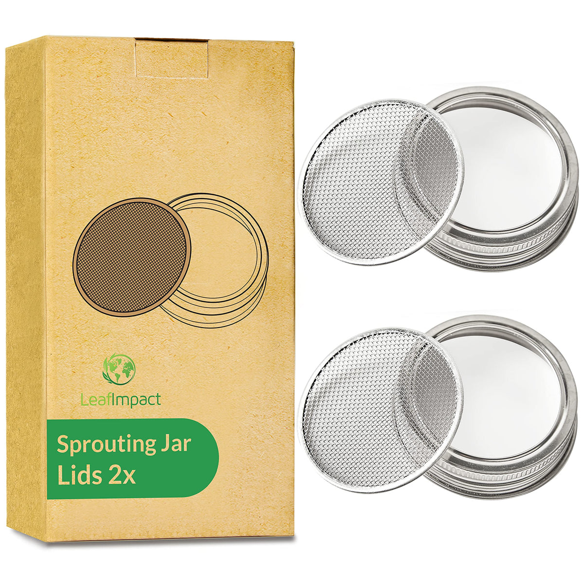 LeafImpact seed sprouting lid, 2-pack, wide-mouth jar for easy at-home sprouts.