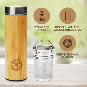 LeafLife bamboo tea bottle with secure lid prevents spills during travel