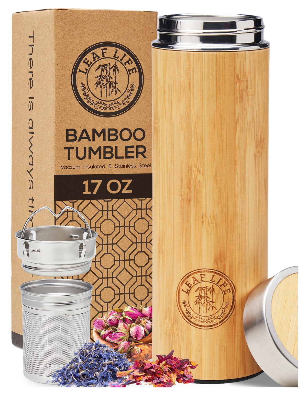LeafLife premium bamboo tea bottle with infuser for loose-leaf brewing on the go.