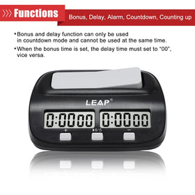 LEAP Chess Clock controls, three-button setup for quick, distraction-free starting.