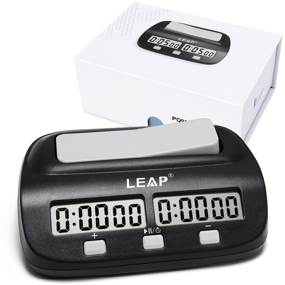 LEAP Chess Clock front view, compact digital timer for precise game timing.