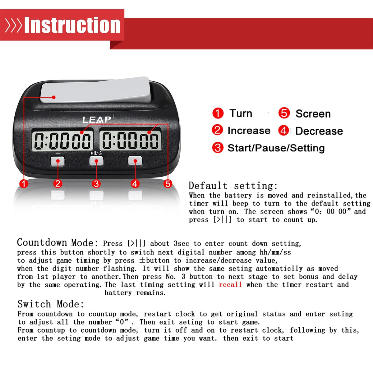 LEAP Chess Clock portable, lightweight timer ideal for tournaments and travel.