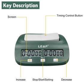 LEAP digital chess clock display offers clear, accurate remaining time at a glance.