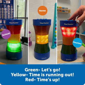 Learning Resources Time Tracker operates with AC adapter or batteries for versatile classroom use.