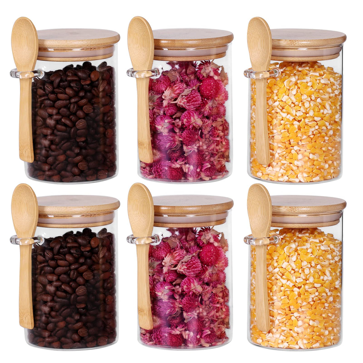 Leaves and Trees Y glass jar set with bamboo lids arranged for pantry storage