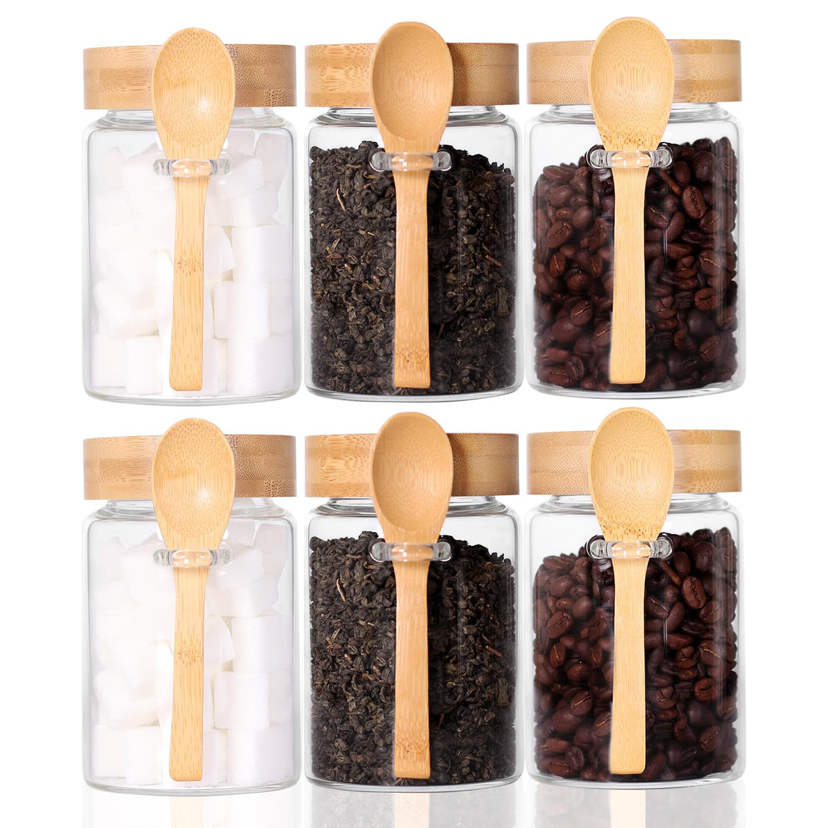Leaves and Trees Y glass jar with screw lid and spoon for airtight storage.